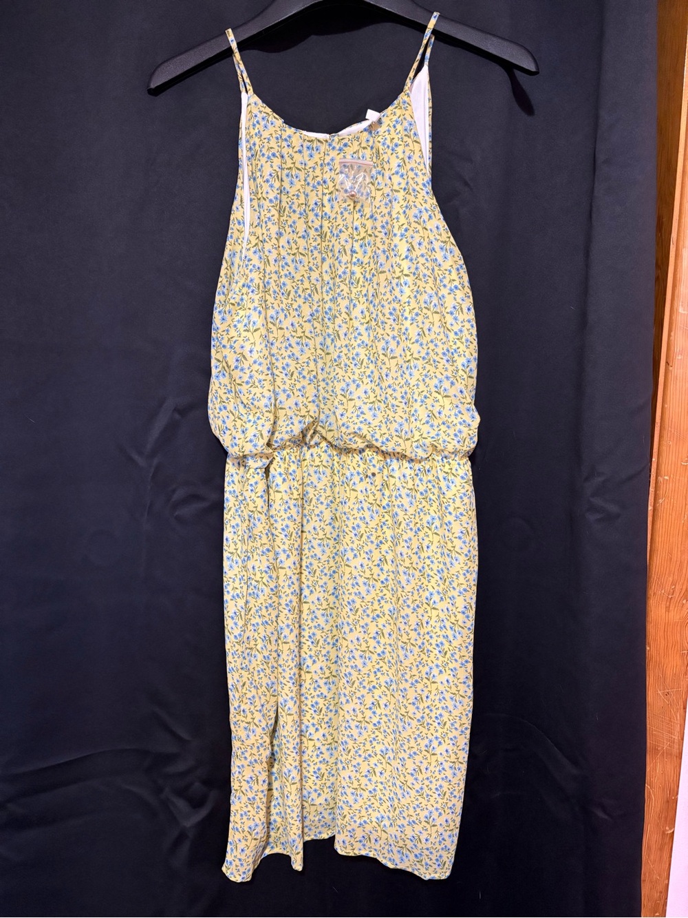 Yellow Floral Midi Dress with Blue Print